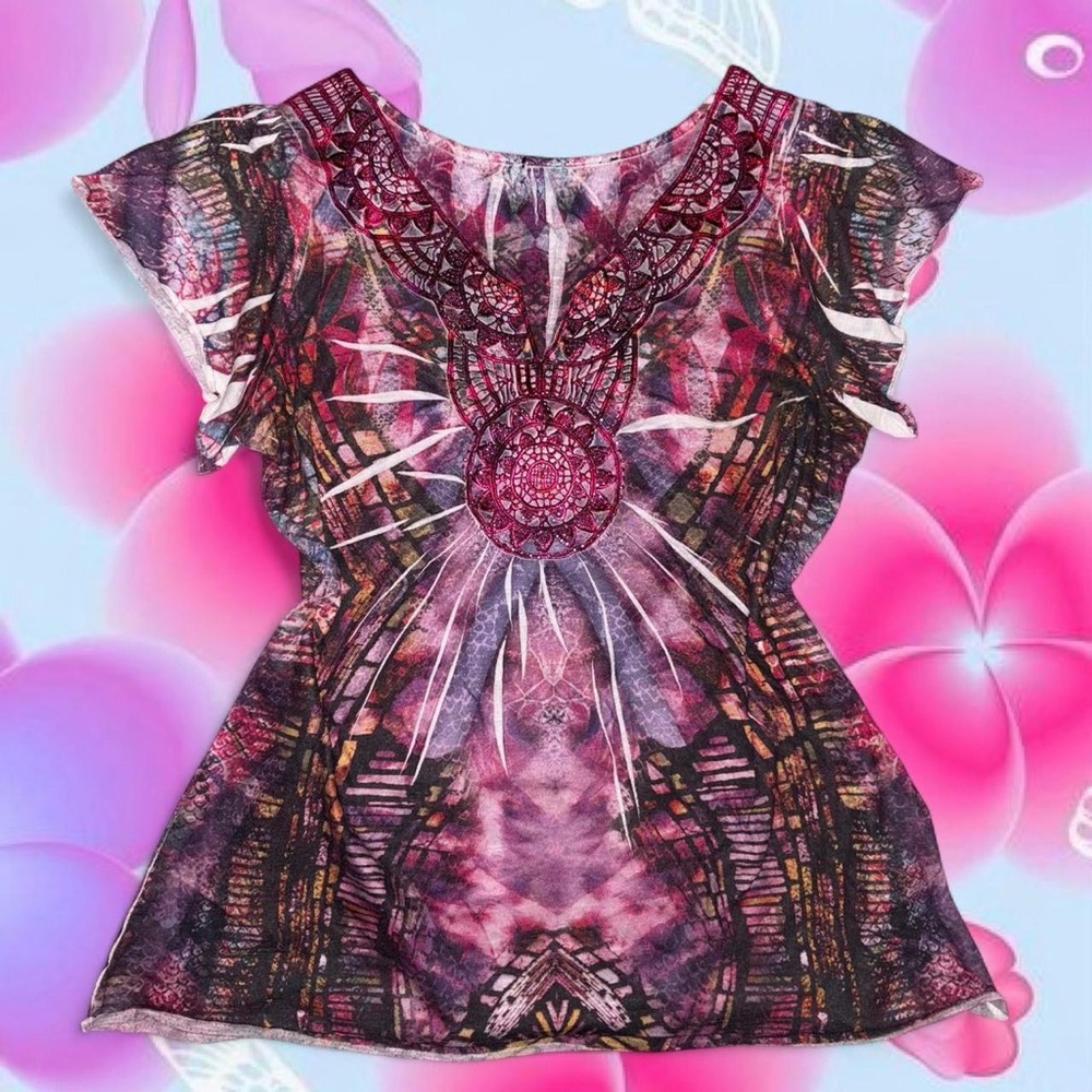 vtg y2k apt. 9 mcbling fairy grunge sublimated embellished babydoll top, fits lg